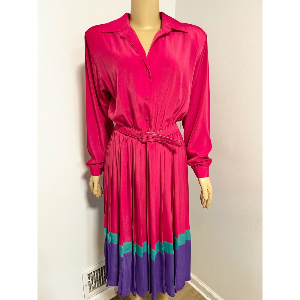 Willi of California Vintage 80s Pink Pleated Colorblock Shirt Dress Belted 12 L
